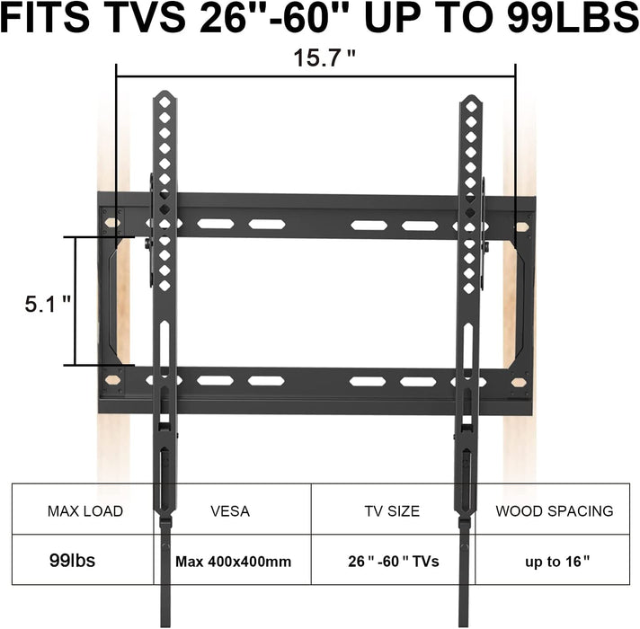 Tilting TV Wall Mount for 26-60 Inch TVs, Low Profile, Fits 8", 12", 16" Studs, Max VESA 400x400mm, Hold TV up to 99lbs