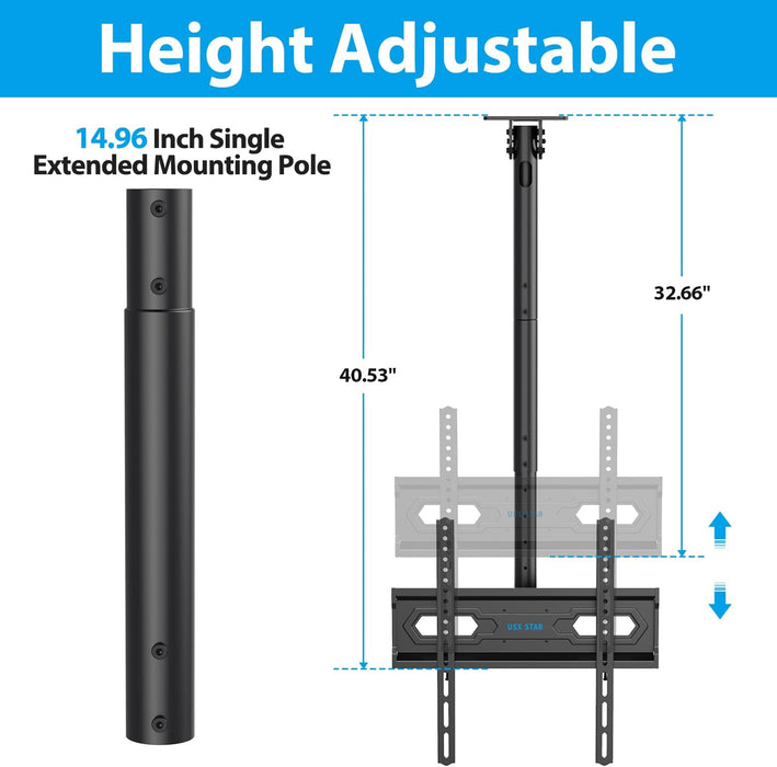 Ceiling TV Mount for 26-65 inch Flat Screen Displays, Adjustable Ceiling TV Bracket Fits Most LCD LED OLED TVs, 14.96Inch Single Extended Mounting Pole, Holds up to 110lbs, Max VESA 400x400mm