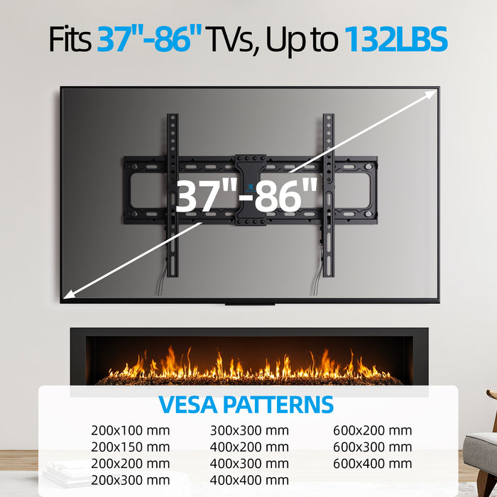Fixed TV Wall Mount for 37-86 Inch TVs, Low Profile, Fits 16", 18", 24" Studs, Max VESA 600x400mm, Hold TV up to 132lbs