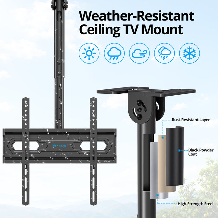 Ceiling TV Mount 26-65 inch, Waterproof for Patio Gazebo Height Adjustable TV Bracket 110 Lbs VESA 400x400mm Full Motion 360° Swivel +5°/-15° Tilt ±3° level Weatherproof Anti-Rust