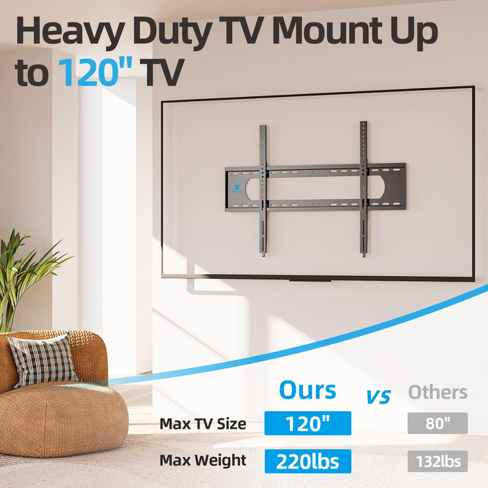 75 85 86 98 100inch Heavy Duty TV Wall Mount Low Profile TV Mount Bracket 55-120 inch Ultra Slim Fixed TV Mount, 220LBS Large TVS, Max VESA 900x600mm, 16" 24" 32" Wood Stud, Safe Lock & Quick Release