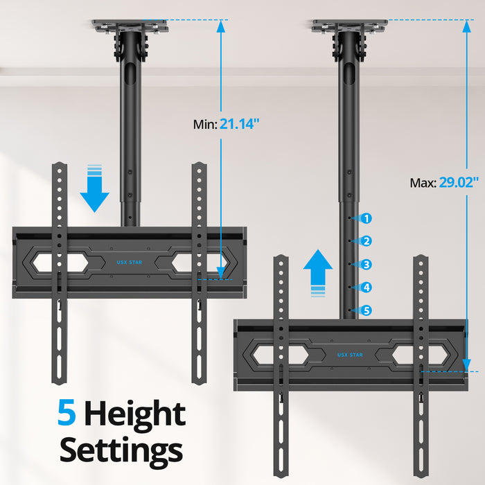 Ceiling TV Mount 26-65 inch, Waterproof for Patio Gazebo Height Adjustable TV Bracket 110 Lbs VESA 400x400mm Full Motion 360° Swivel +5°/-15° Tilt ±3° level Weatherproof Anti-Rust