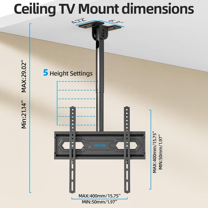 Ceiling TV Mount for 26-65 inch TVs, 360° Swivel Full Motion Ceiling Mount TV Bracket, Height Adjustable, Tilt TVs Ceilings Mounts, Supports up to 110 Lbs, Max VESA 400x400mm