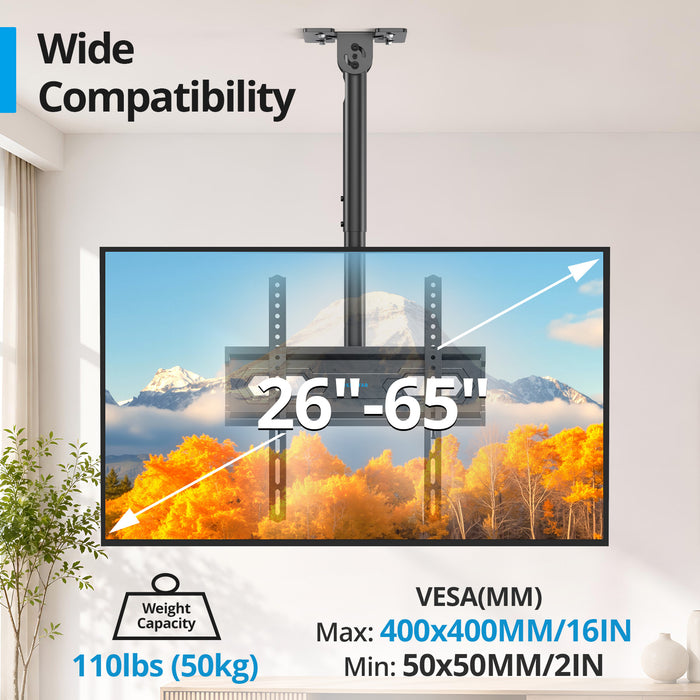 Ceiling TV Mount 26-65 inch, Waterproof for Patio Gazebo Height Adjustable TV Bracket 110 Lbs VESA 400x400mm Full Motion 360° Swivel +5°/-15° Tilt ±3° level Weatherproof Anti-Rust