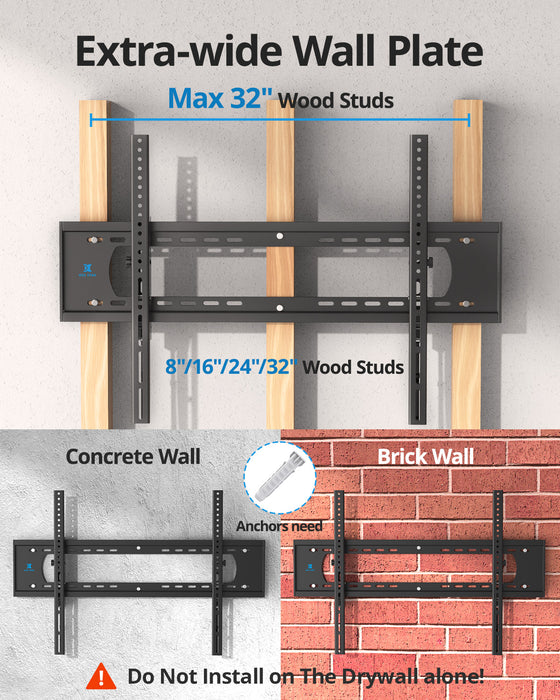 Heavy Duty TV Wall Mount for 55-120 inch Large TVs up to 220 LBS & 900x600 mm Vesa, Ultra Slim Fixed TV Mount, Low-Profile TVS Bracket, 16" 24" 32" Wood Stud, Fit Most 65+ 75+ 85 86 90 98 100 TVs