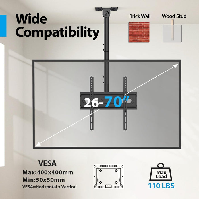 Ceiling TV Mount for 26-65 inch Flat Screen Displays, Adjustable Ceiling TV Bracket Fits Most LCD LED OLED TVs, 14.96Inch Single Extended Mounting Pole, Holds up to 110lbs, Max VESA 400x400mm