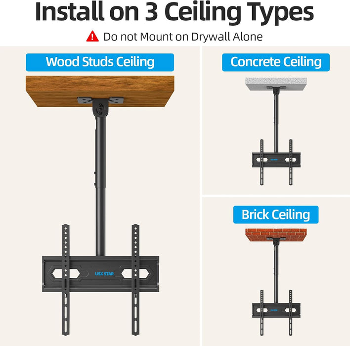 Ceiling TV Mount for 26-65 inch TVs, 360° Swivel Full Motion Ceiling Mount TV Bracket, Height Adjustable, Tilt TVs Ceilings Mounts, Supports up to 110 Lbs, Max VESA 400x400mm