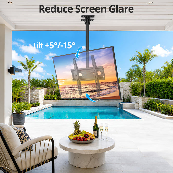 Ceiling TV Mount 26-65 inch, Waterproof for Patio Gazebo Height Adjustable TV Bracket 110 Lbs VESA 400x400mm Full Motion 360° Swivel +5°/-15° Tilt ±3° level Weatherproof Anti-Rust