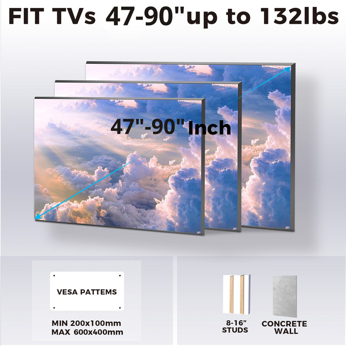 Outdoor TV Wall Mount for 47-90 Inch TVs, Full Motion, Fits 8", 12", 16" Studs, Max VESA 600x400mm, Hold TV up to 132lbs