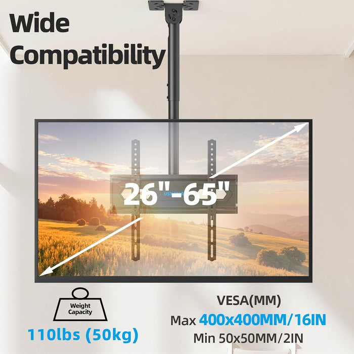 Ceiling TV Mount for 26-65 inch TVs, 360° Swivel Full Motion Ceiling Mount TV Bracket, Height Adjustable, Tilt TVs Ceilings Mounts, Supports up to 110 Lbs, Max VESA 400x400mm