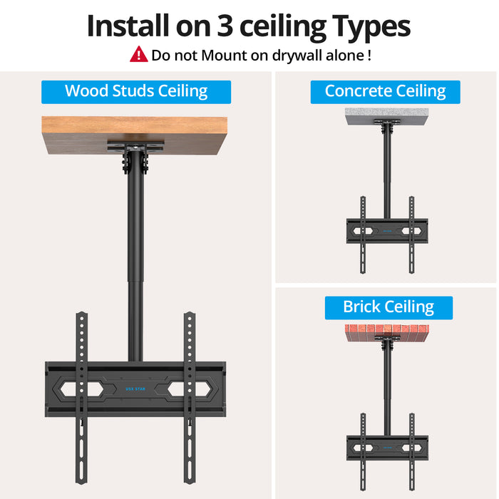 Ceiling TV Mount 26-65 inch, Waterproof for Patio Gazebo Height Adjustable TV Bracket 110 Lbs VESA 400x400mm Full Motion 360° Swivel +5°/-15° Tilt ±3° level Weatherproof Anti-Rust
