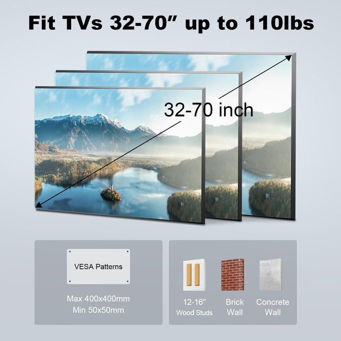 UL Listed Full Motion TV Wall Mount Bracket 40 50 55 65 inch TVs Fit Most 32-70 inch TVs, 99lbs,16" Stud, VESA 400x400mm, ±45° Swivel, +5°/-12° Tilt, ±4° level, 2.58-13.89" extend