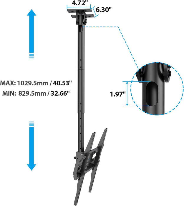 Ceiling TV Mount for 26-65 inch Flat Screen Displays, Adjustable Ceiling TV Bracket Fits Most LCD LED OLED TVs, 14.96Inch Single Extended Mounting Pole, Holds up to 110lbs, Max VESA 400x400mm