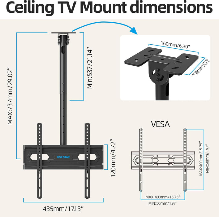 Ceiling TV Mount for 26-65 inch TVs, 360° Swivel Full Motion Ceiling Mount TV Bracket, Height Adjustable, Tilt TVs Ceilings Mounts, Supports up to 110 Lbs, Max VESA 400x400mm