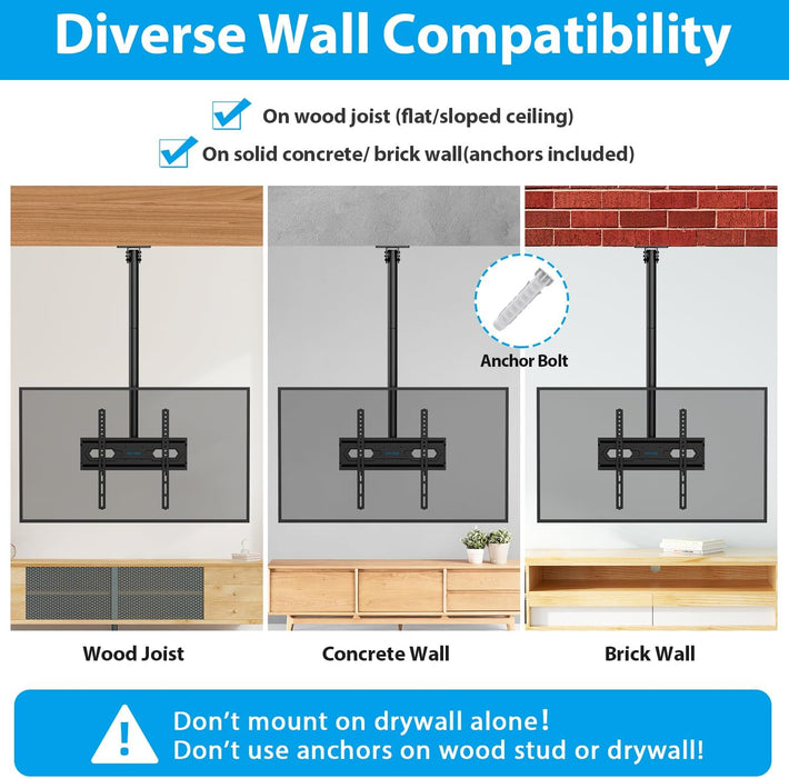 Ceiling TV Mount for 26-65 inch Flat Screen Displays, Adjustable Ceiling TV Bracket Fits Most LCD LED OLED TVs, 14.96Inch Single Extended Mounting Pole, Holds up to 110lbs, Max VESA 400x400mm