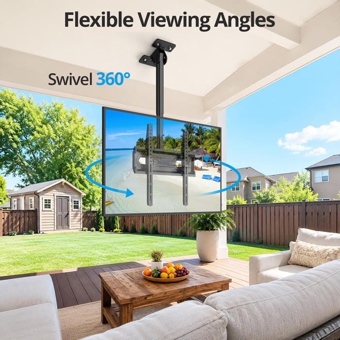 Ceiling TV Mount 26-65 inch, Waterproof for Patio Gazebo Height Adjustable TV Bracket 110 Lbs VESA 400x400mm Full Motion 360° Swivel +5°/-15° Tilt ±3° level Weatherproof Anti-Rust