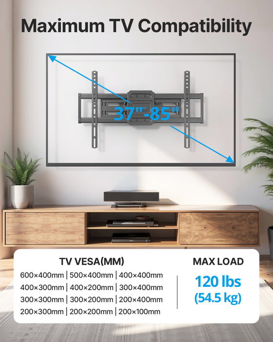 Full Motion TV Wall Mount for 37-85 Inch TVs Mounts Up to 120lbs, Fit 16" Wood Stud, Max VESA 600x400mm, Swivel and Tilt Articulating Wall Mount TV Bracket,Fit Most 55+ 65 70 75 inch TVs