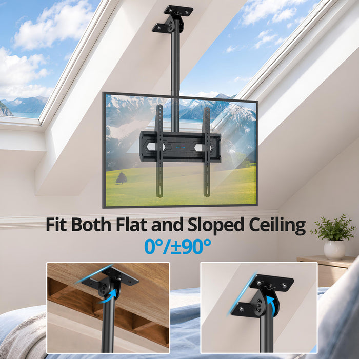Ceiling TV Mount 26-65 inch, Waterproof for Patio Gazebo Height Adjustable TV Bracket 110 Lbs VESA 400x400mm Full Motion 360° Swivel +5°/-15° Tilt ±3° level Weatherproof Anti-Rust