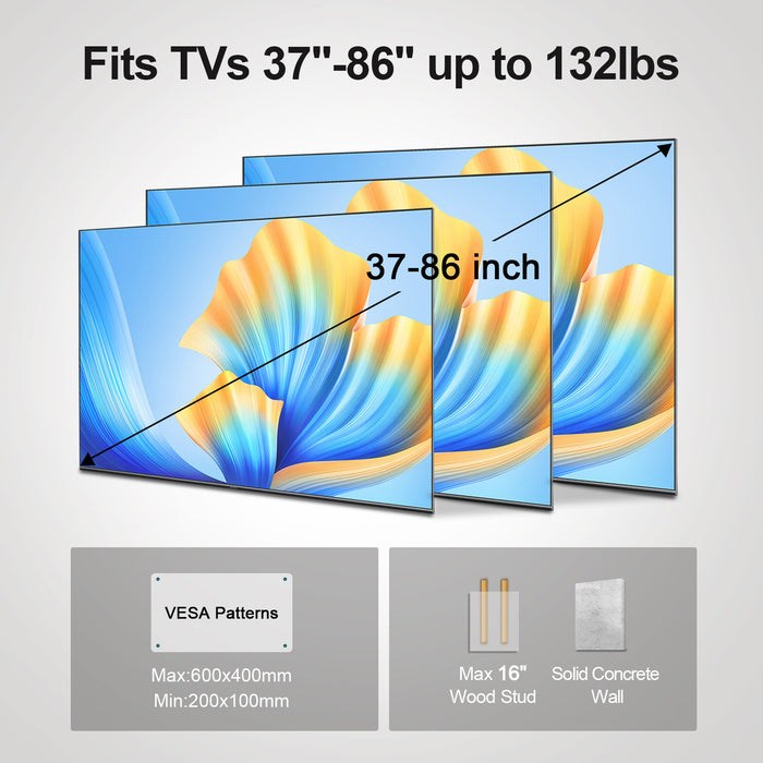 Full Motion TV Wall Mount for 37-86 Inch TVs, Low Profile, Fits 8", 12", 16" Studs, Max VESA 600x400mm, Hold TV up to 132lbs