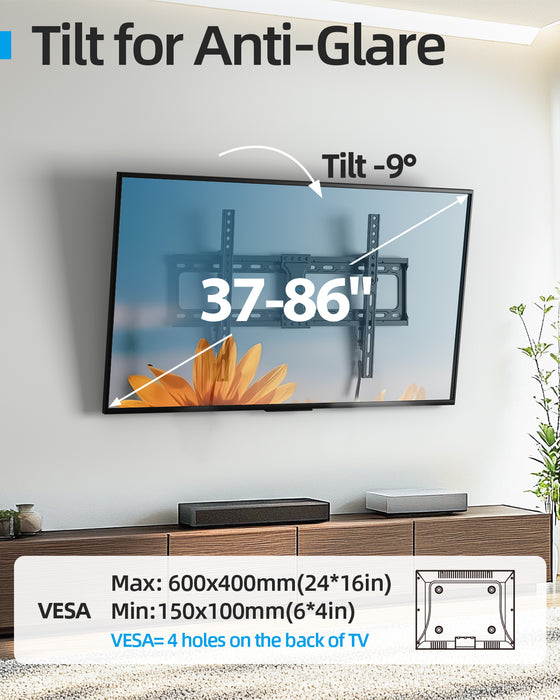 Tilting TV Wall Mount for 37-86 Inch TVs, Low Profile, Fits 16", 18", 24" Studs, Max VESA 600x400mm, Hold TV up to 132lbs