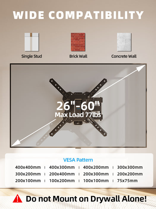 Full Motion TV Wall Mount for 26-60 Inch TV Mounts Up to 77 lbs, Max VESA 400x400mm, Wall Mount TV Bracket with Swivel, Tilting, Leveling Adjust & Extendable Arm