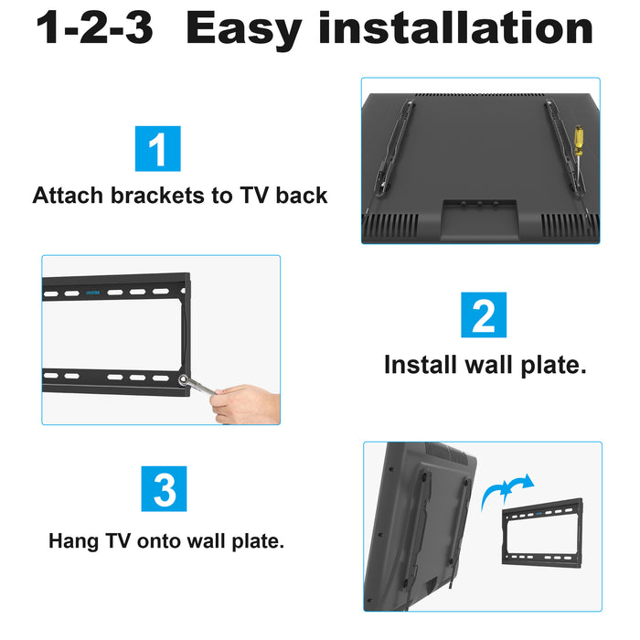 Fixed TV Wall Mount for 26-60 Inch TVs, Low Profile, Fits 8", 12", 16" Studs, Max VESA 400x400mm, Hold TV up to 99lbs