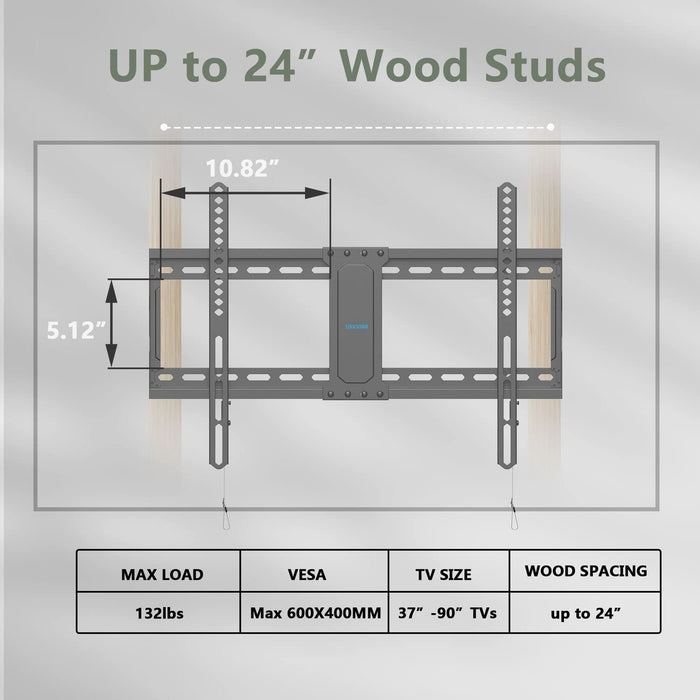 Fixed TV Wall Mount for 37-90 Inch TVs, Low Profile, Fits 16", 18", 24" Studs, Max VESA 600x400mm, Hold TV up to 132lbs