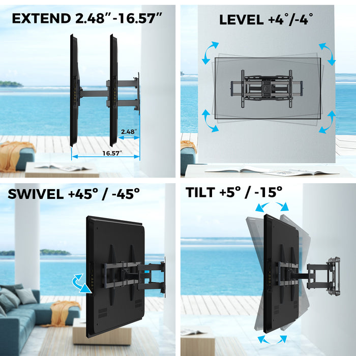 Outdoor TV Wall Mount for 47-84 Inch TVs, Full Motion, Fits 8", 12", 16" Studs, Max VESA 600x400mm, Hold TV up to 132lbs