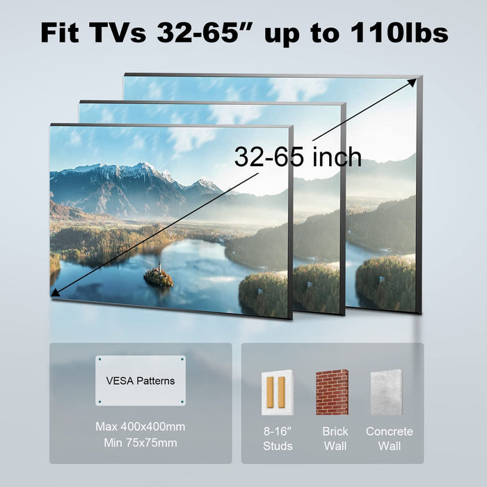 Full Motion TV Wall Mount for 32-65 Inch TVs, Low Profile, Fits 8", 12", 16" Studs, Max VESA 400x400mm, Hold TV up to 110lbs
